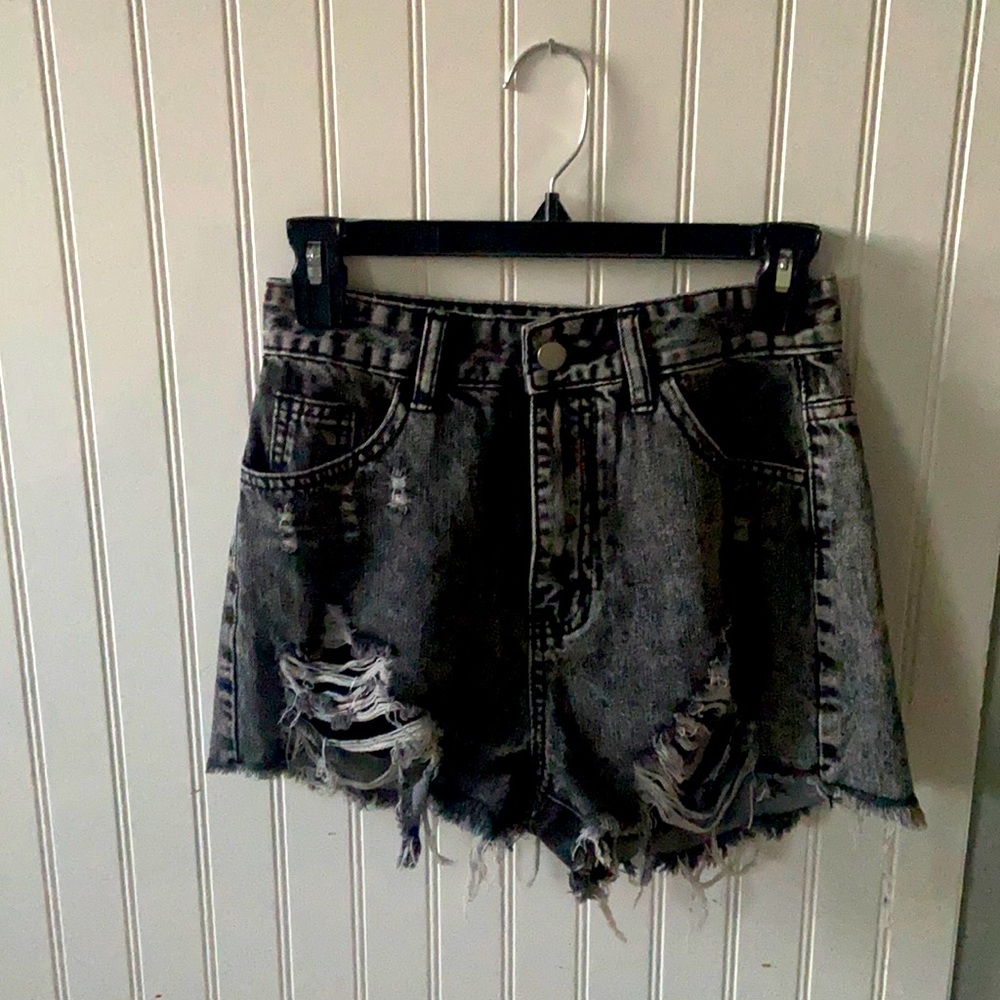 Brown blue and black denim shorts